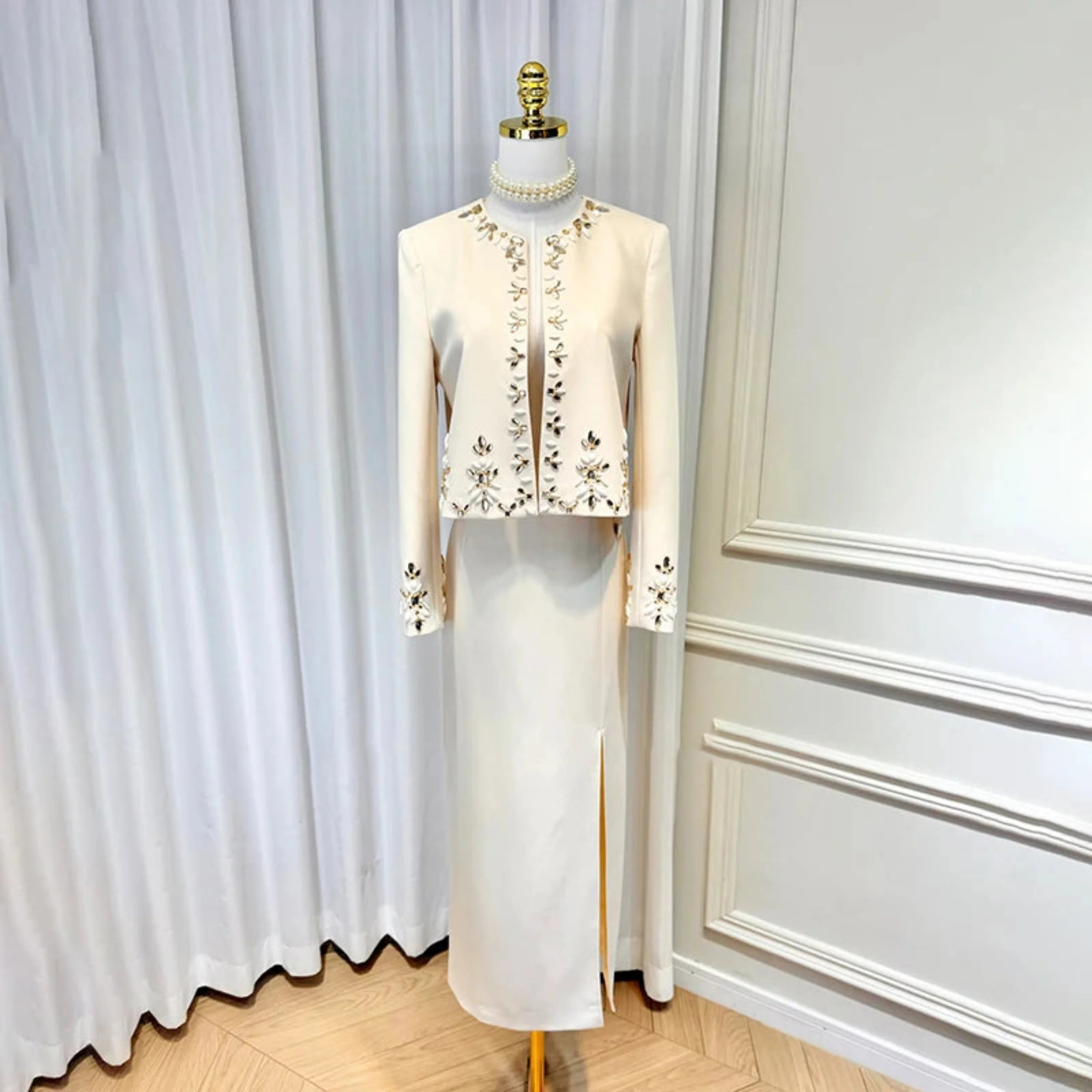 Elegant Crystal Maxi Skirt Suit Set