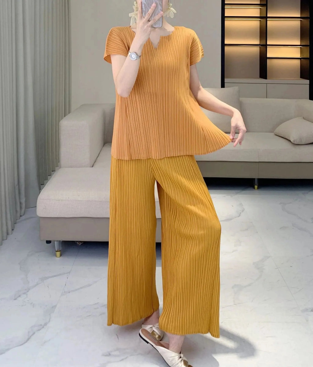 Elegant Pleated Wide-Leg Pants Set
