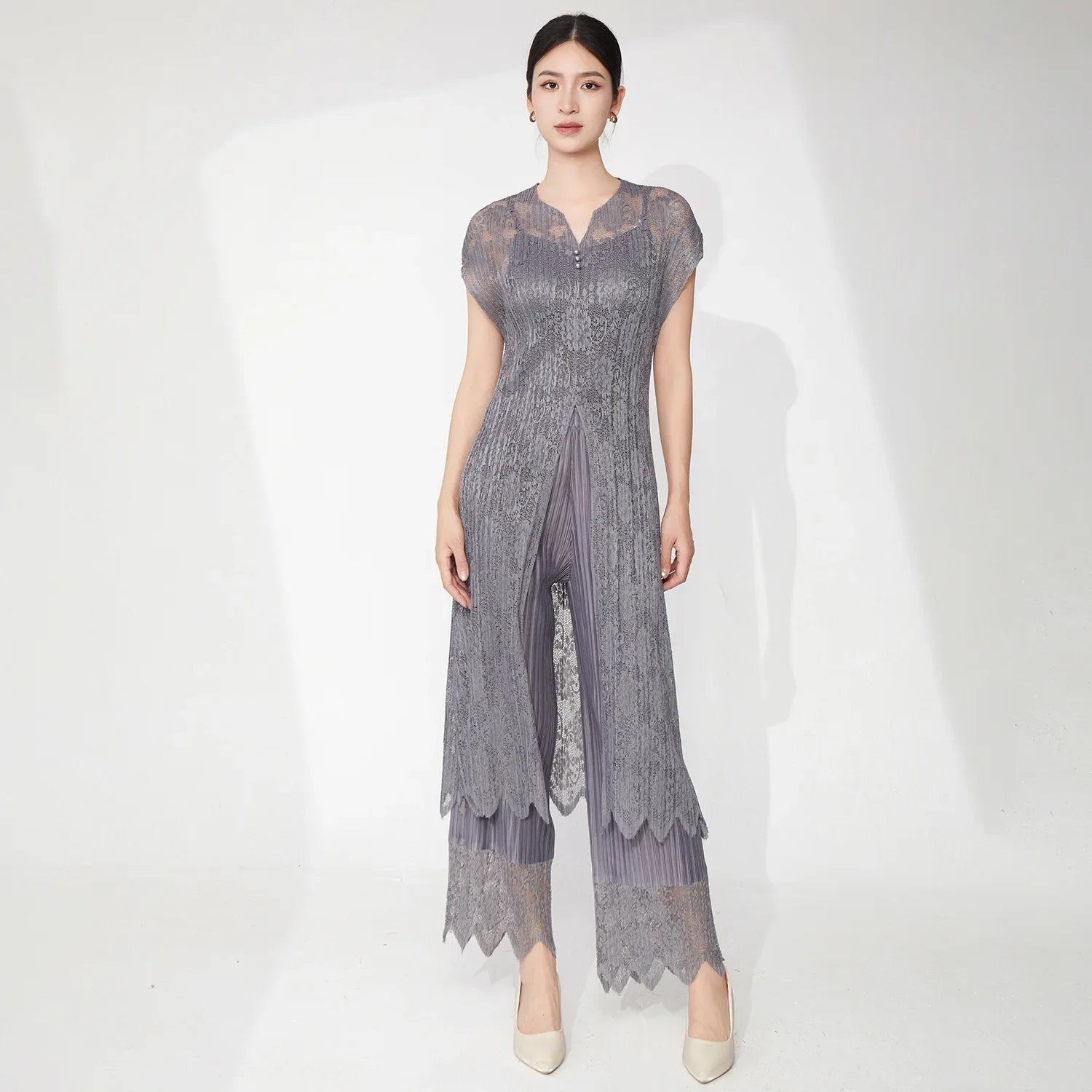 Lace Pleated Pant Suit 2-Piece Set