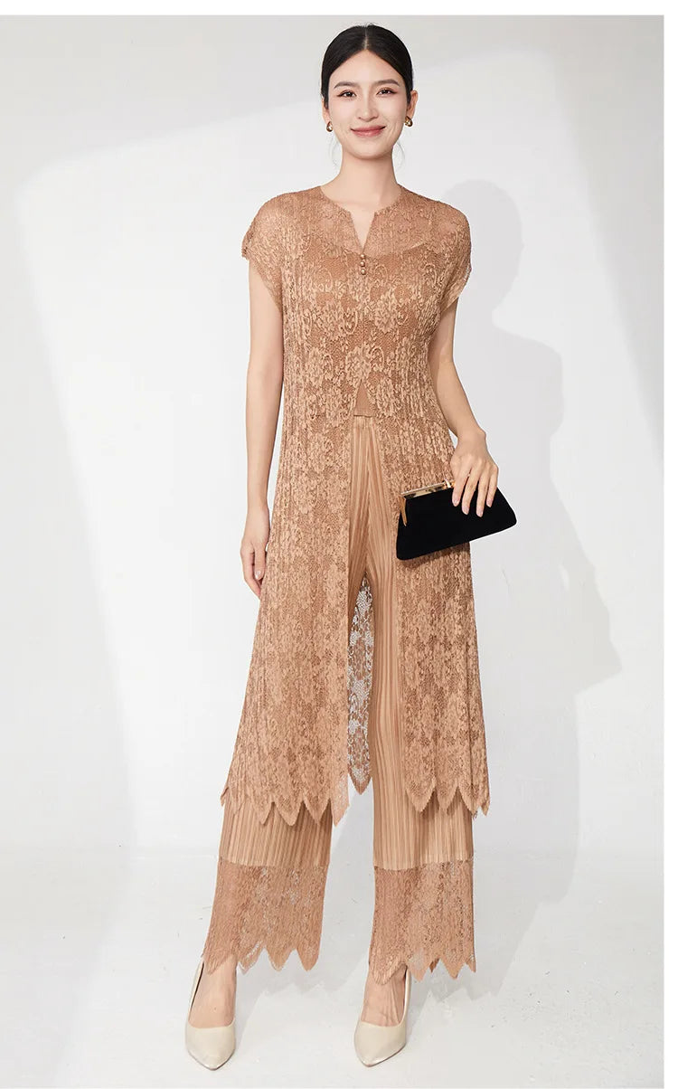 Lace Pleated Pant Suit 2-Piece Set