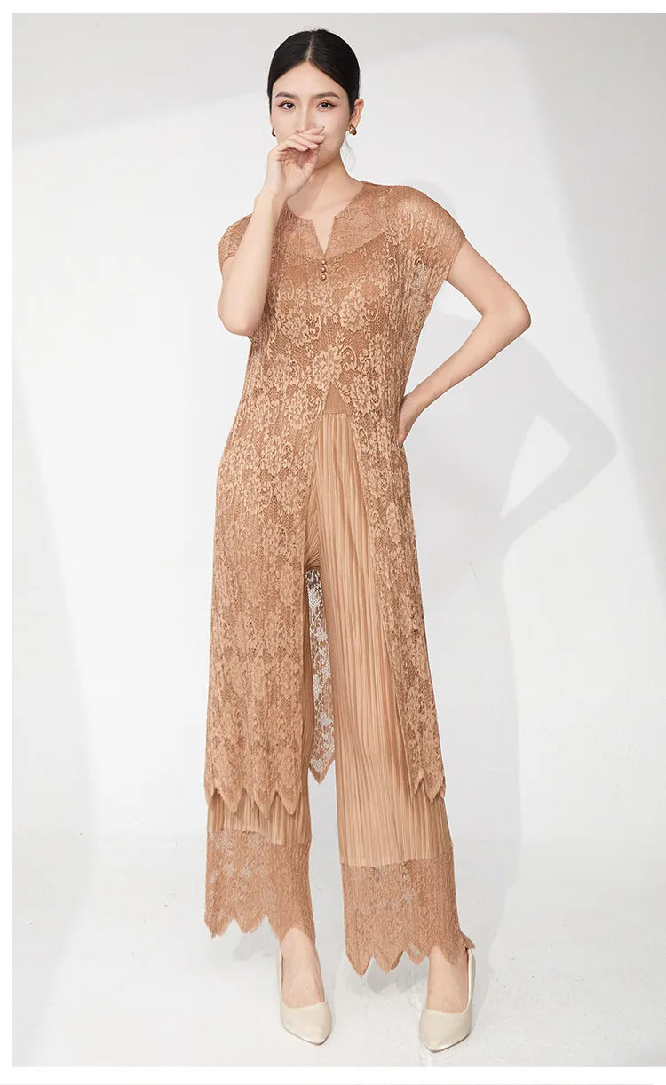 2-Piece Lace Pleated Palazzo Pants Outfit