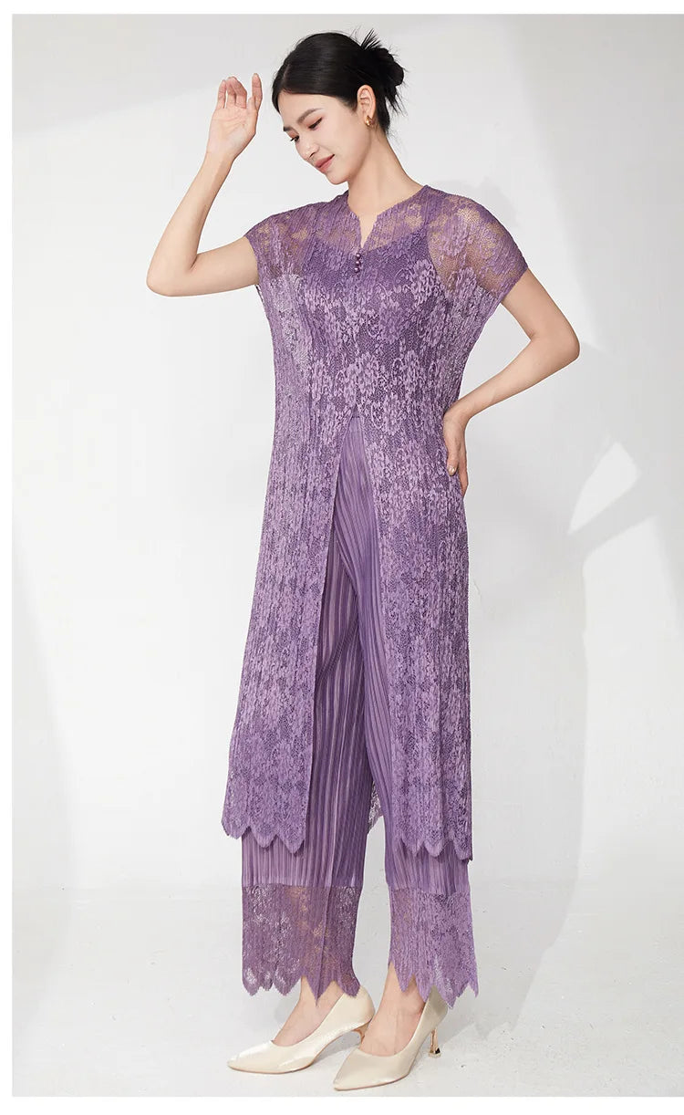 Lace Pleated Pant Suit 2-Piece Set
