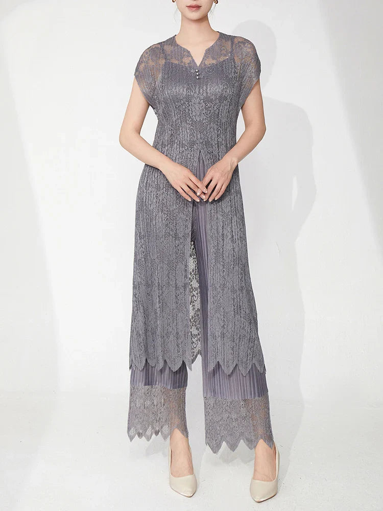 2-Piece Lace Pleated Palazzo Pants Outfit