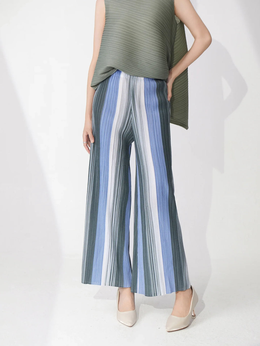 Striped Pleated Wide Leg Pants - Palazzo Style
