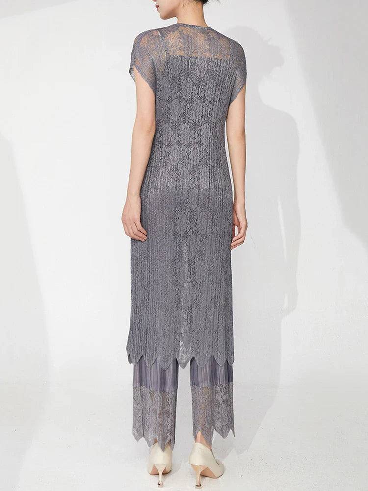 2-Piece Lace Pleated Palazzo Pants Outfit