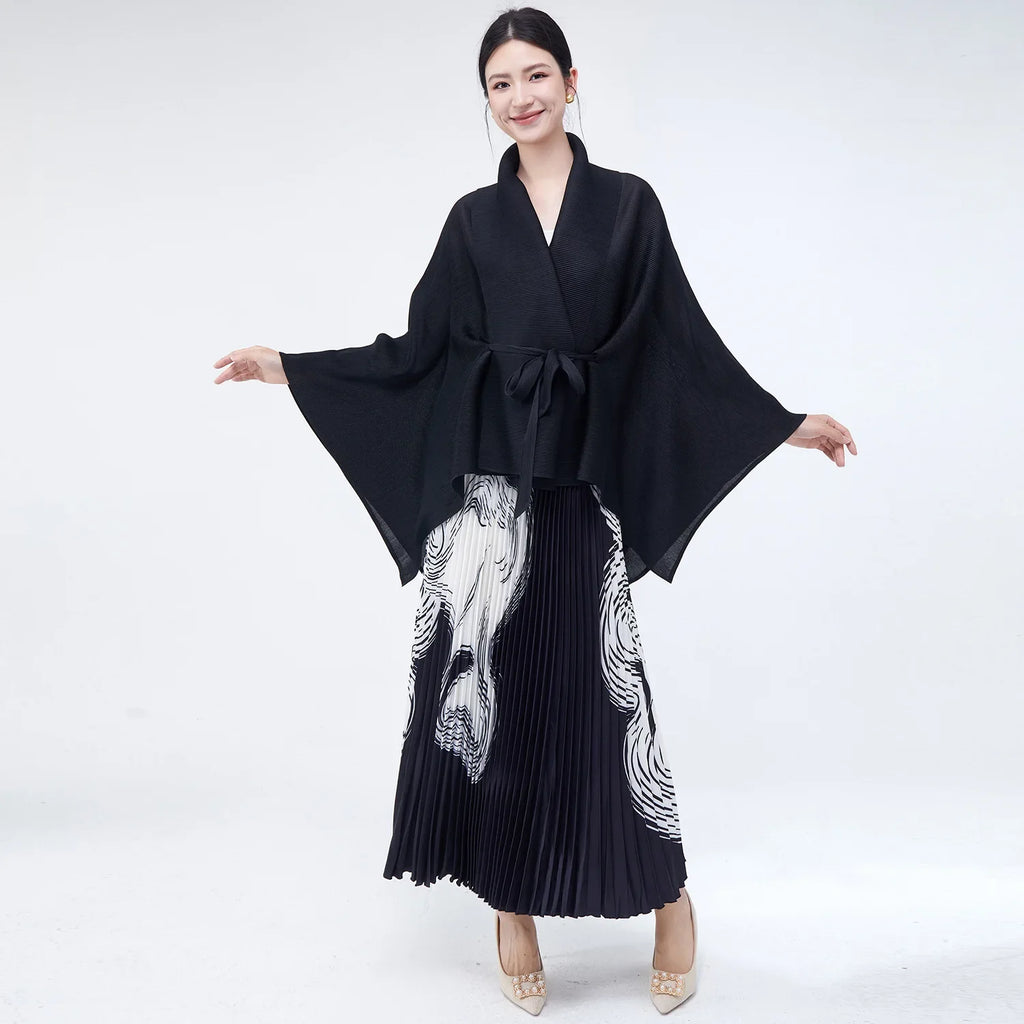 Luxe Black Wrap Top & Pleated Skirt Set