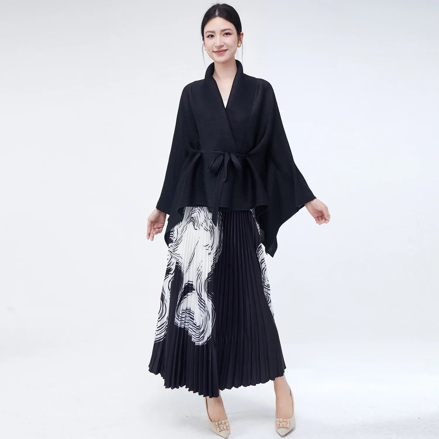 Luxe Black Wrap Top & Pleated Skirt Set