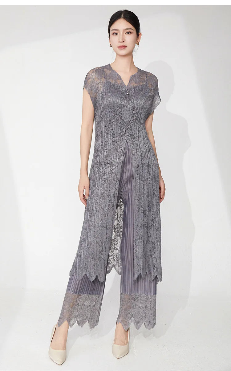 2-Piece Lace Pleated Palazzo Pants Outfit
