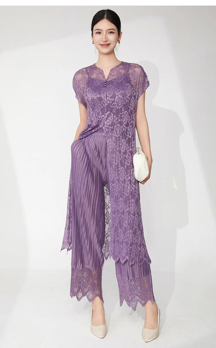 2-Piece Lace Pleated Palazzo Pants Outfit