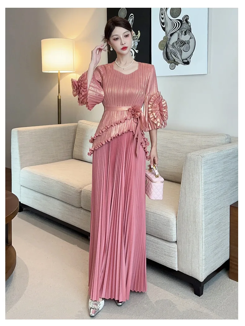 Pleated Metallic Top and Skirt Evening Formal Set