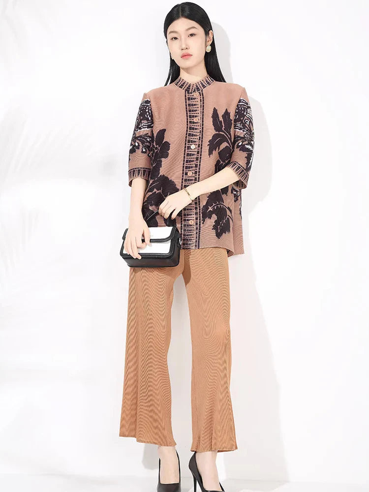 Plissé Set - Floral Top & Pleated Palazzo Pant
